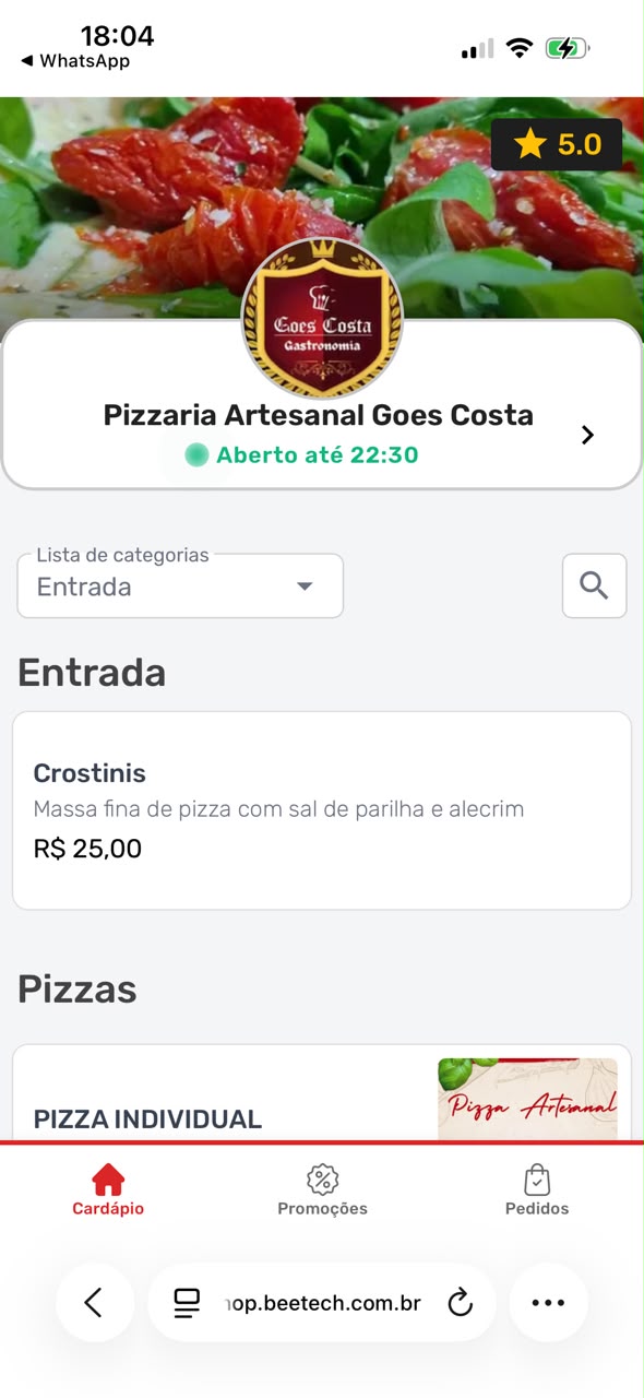 Aplicativo de delivery da Pizzaria Artesanal Goes Costa